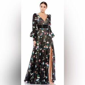 Mac Duggal Black Floral V-Neck Maxi Dress with High Slit